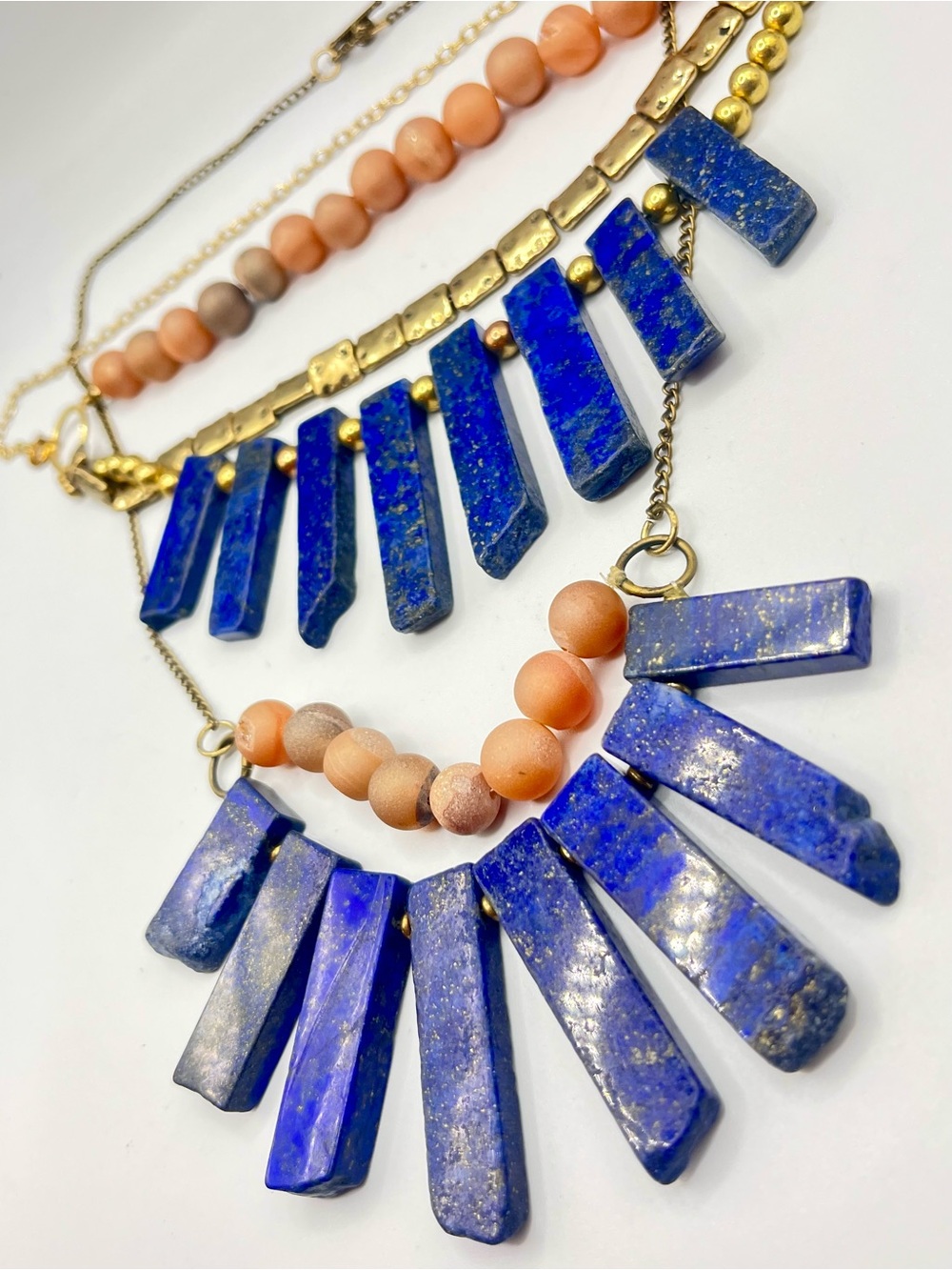 Artisan Lapis & Stone Bead Statement Necklace with Gold Accents
